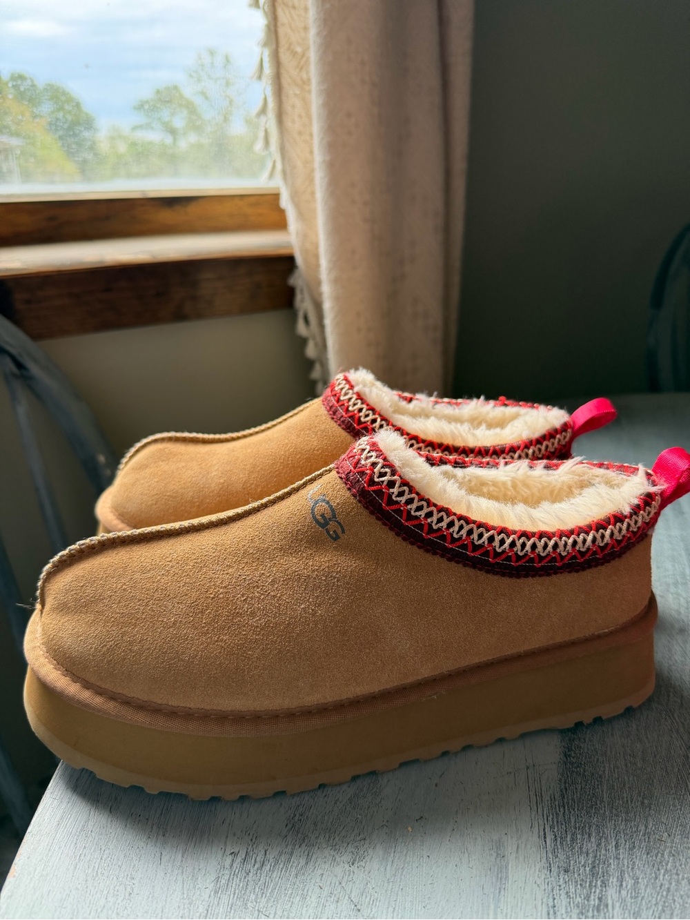 UGG Platform Chestnut Suede Slip-On Slippers with Red Trim